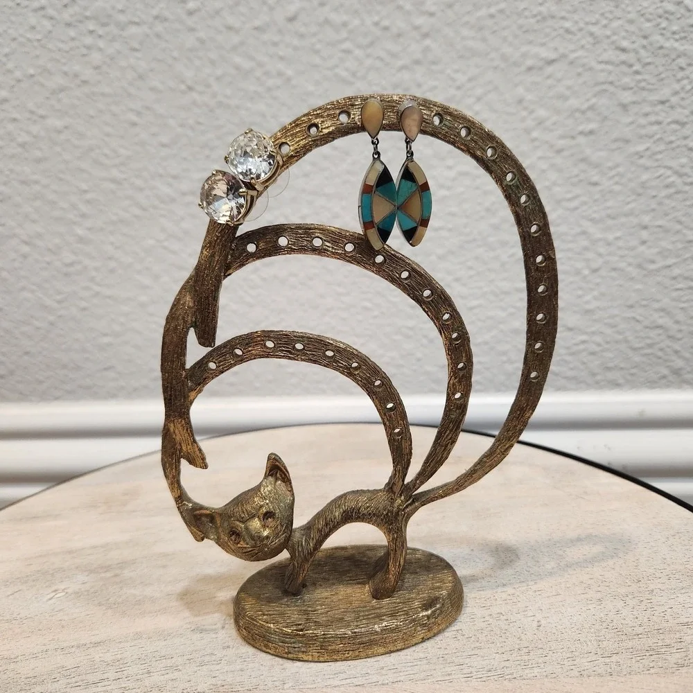 MCM 1950s BUCKLERS Gold Tone Brass Cast Metal Cat Siamese Earring Holder Display